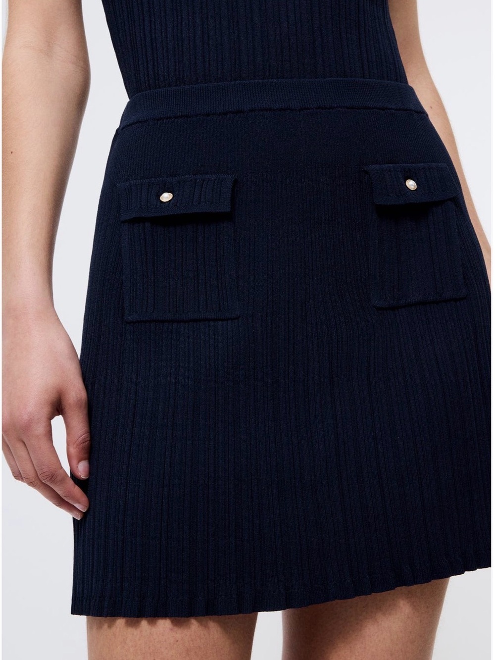 French Connection Navy Ribbed Mini Skirt with Pocket Flaps